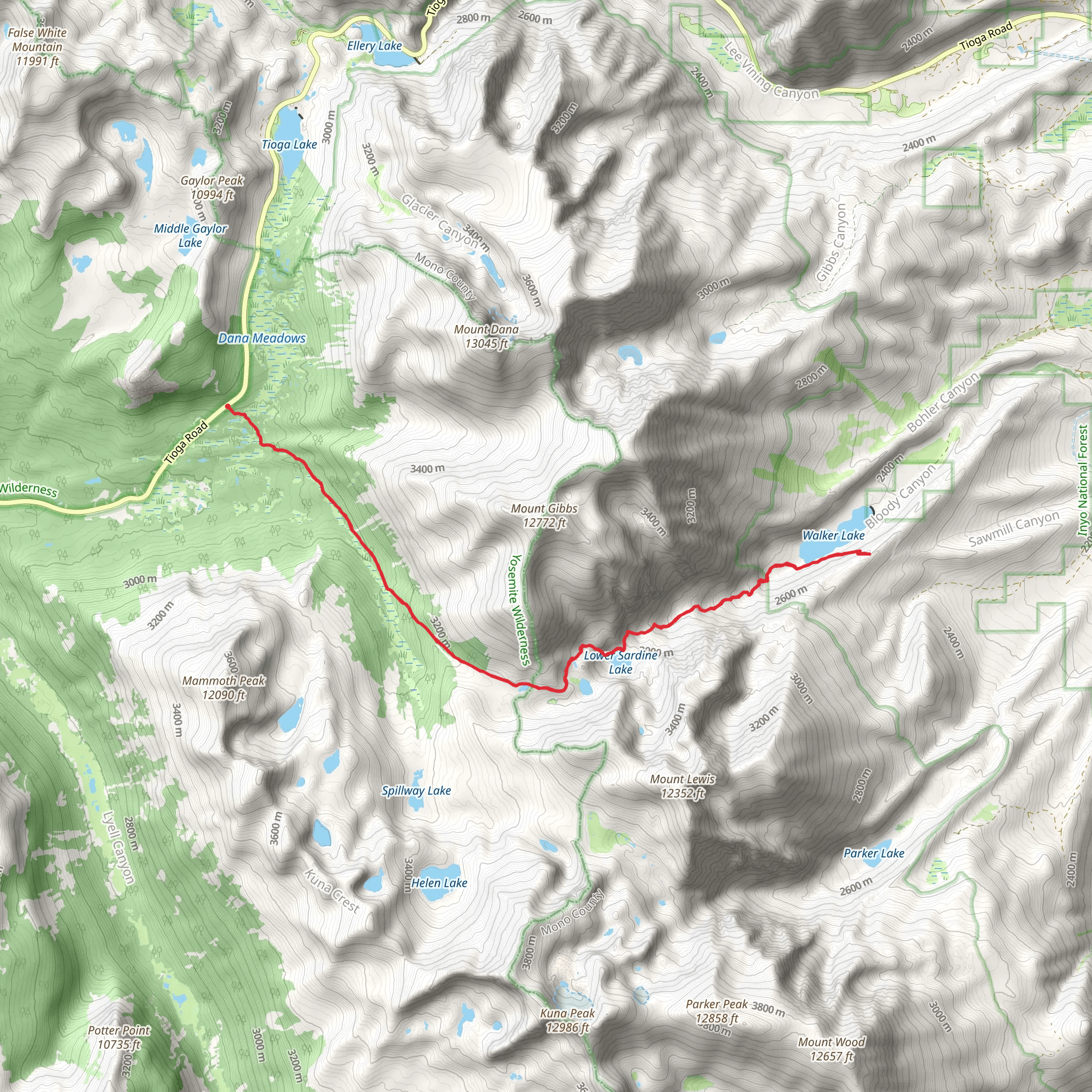 Walker Lake and Sardine Lakes via Mono Pass Trail mobile static map