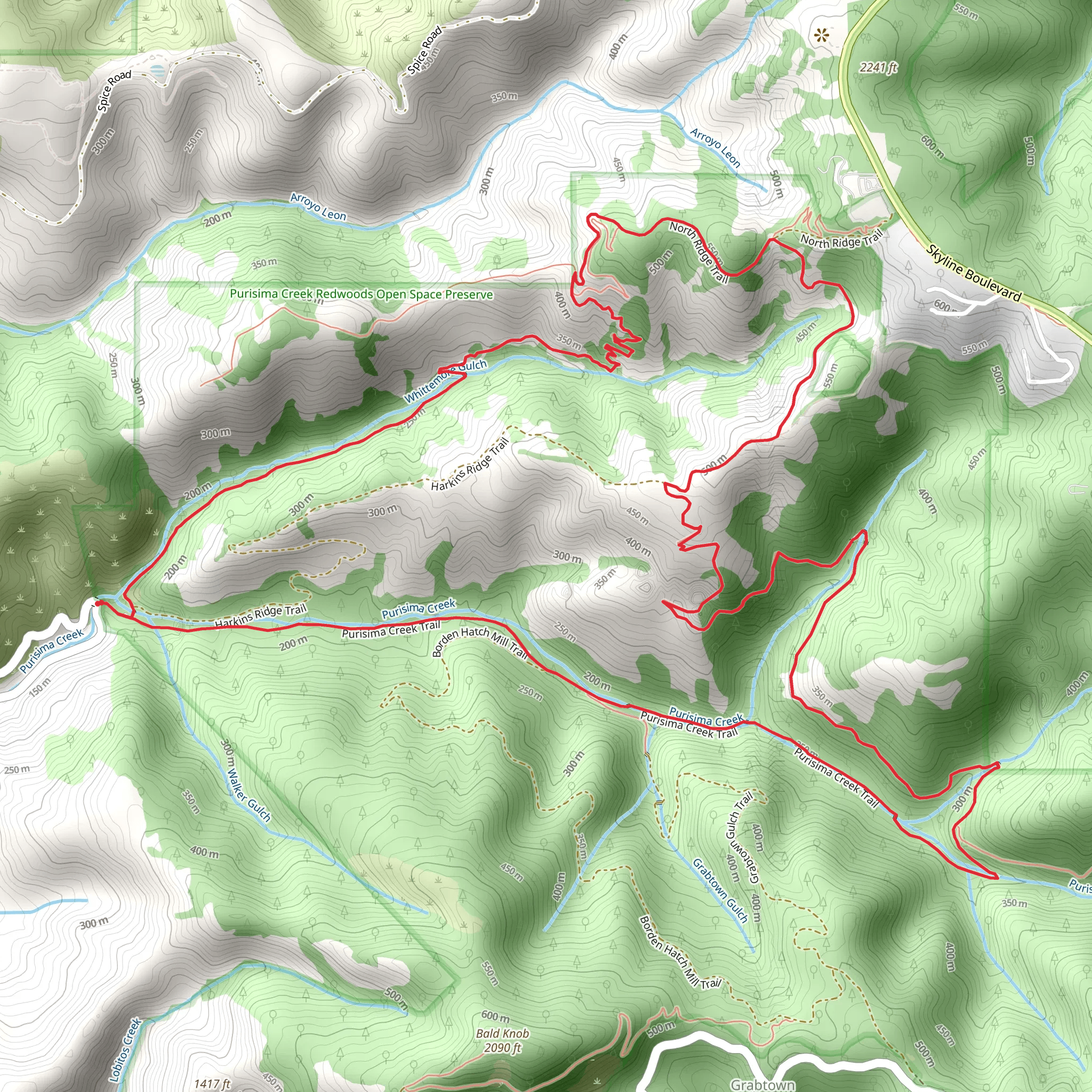 Purisima Creek, Craig Britton and Whittemore Gulch Loop Trail mobile static map