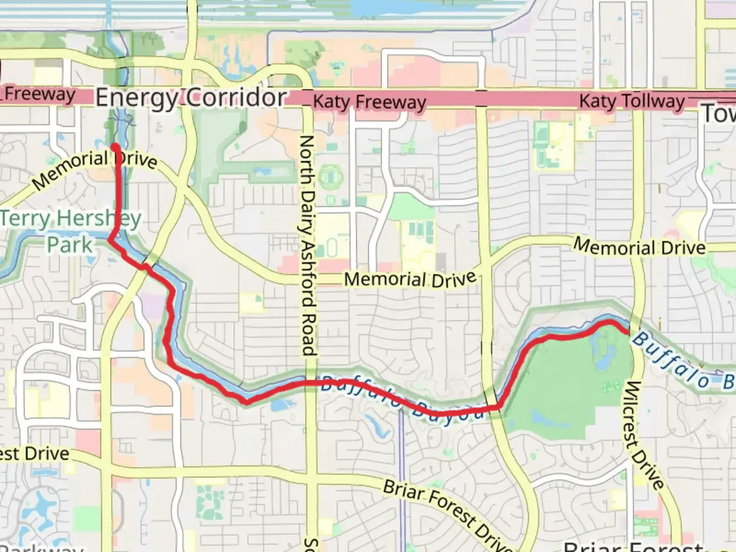 An image depicting the trail Walk along Buffalo Bayou from Memorial Drive and its surrounding area.