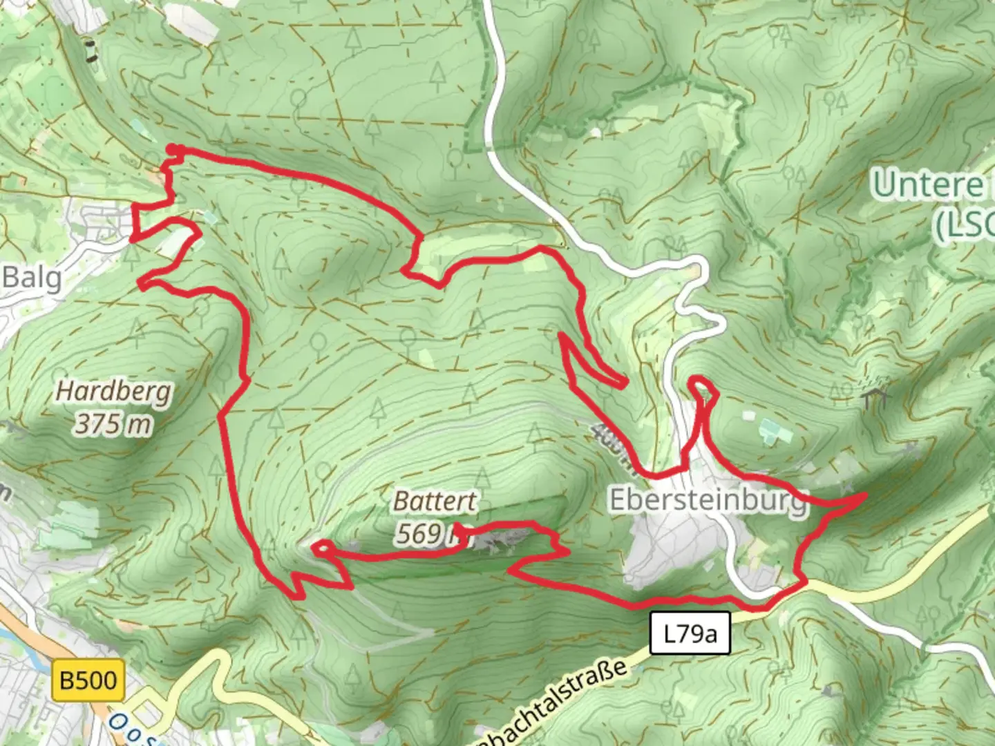 An image depicting the trail Ebersteinburg Loop via Altes Schloss Hohenbaden and its surrounding area.