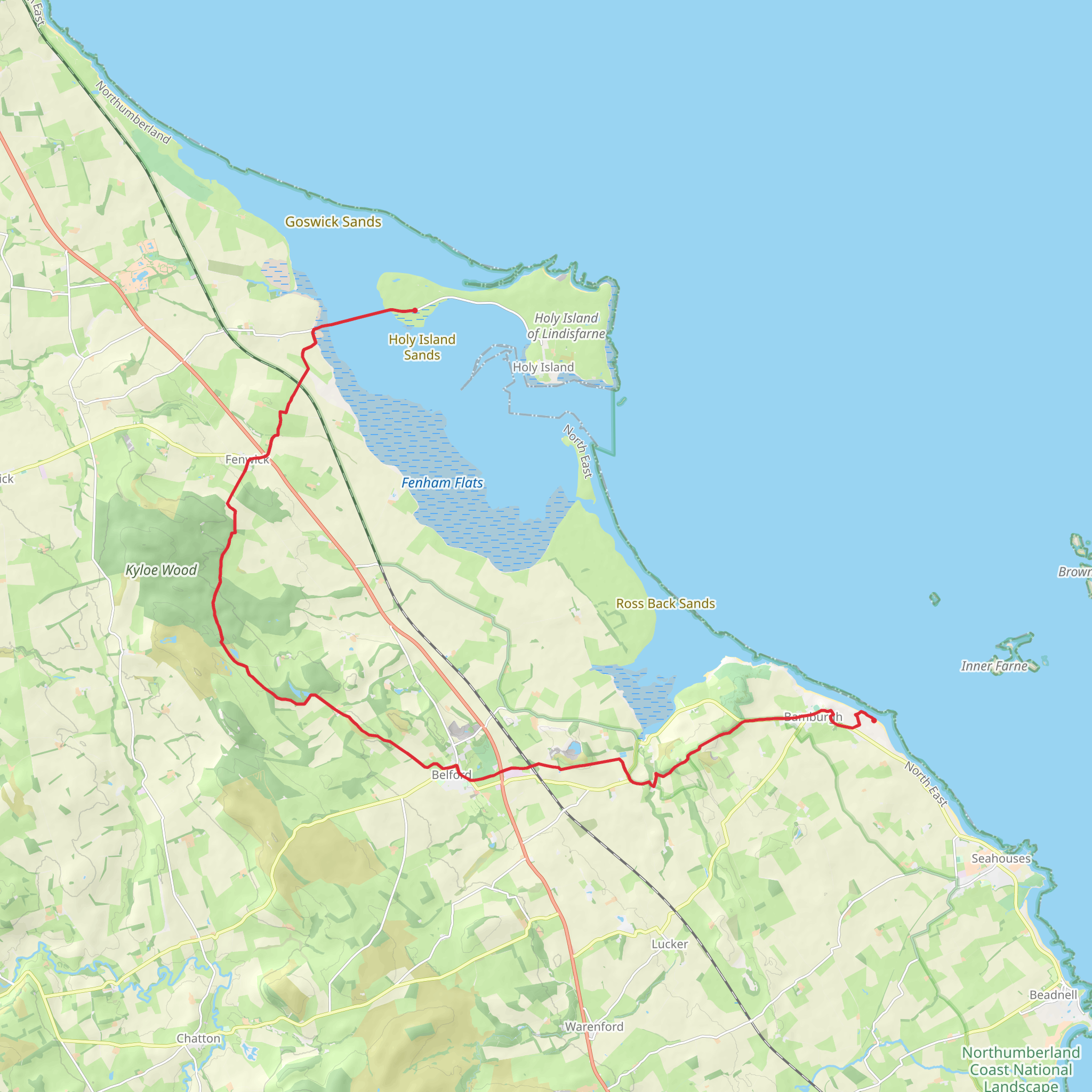 Lindisfarne Causeway to Islestone via Shiellow Wood, Virgin Hill and Bowl Hole mobile static map