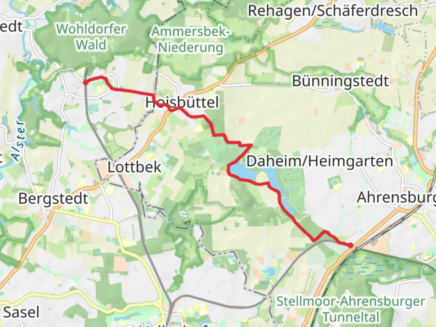 An image depicting the trail Ohlstedt to Ahrensburg West Walk via Bredenbeker Teich and its surrounding area.