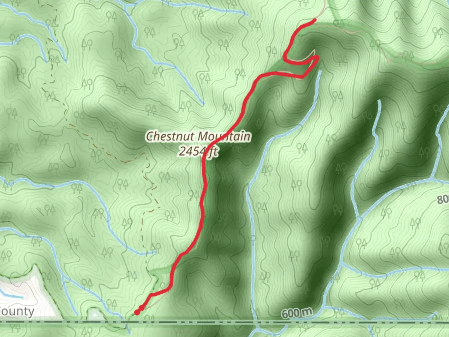 An image depicting the trail Chestnut Mountain - Hemp Top and its surrounding area.
