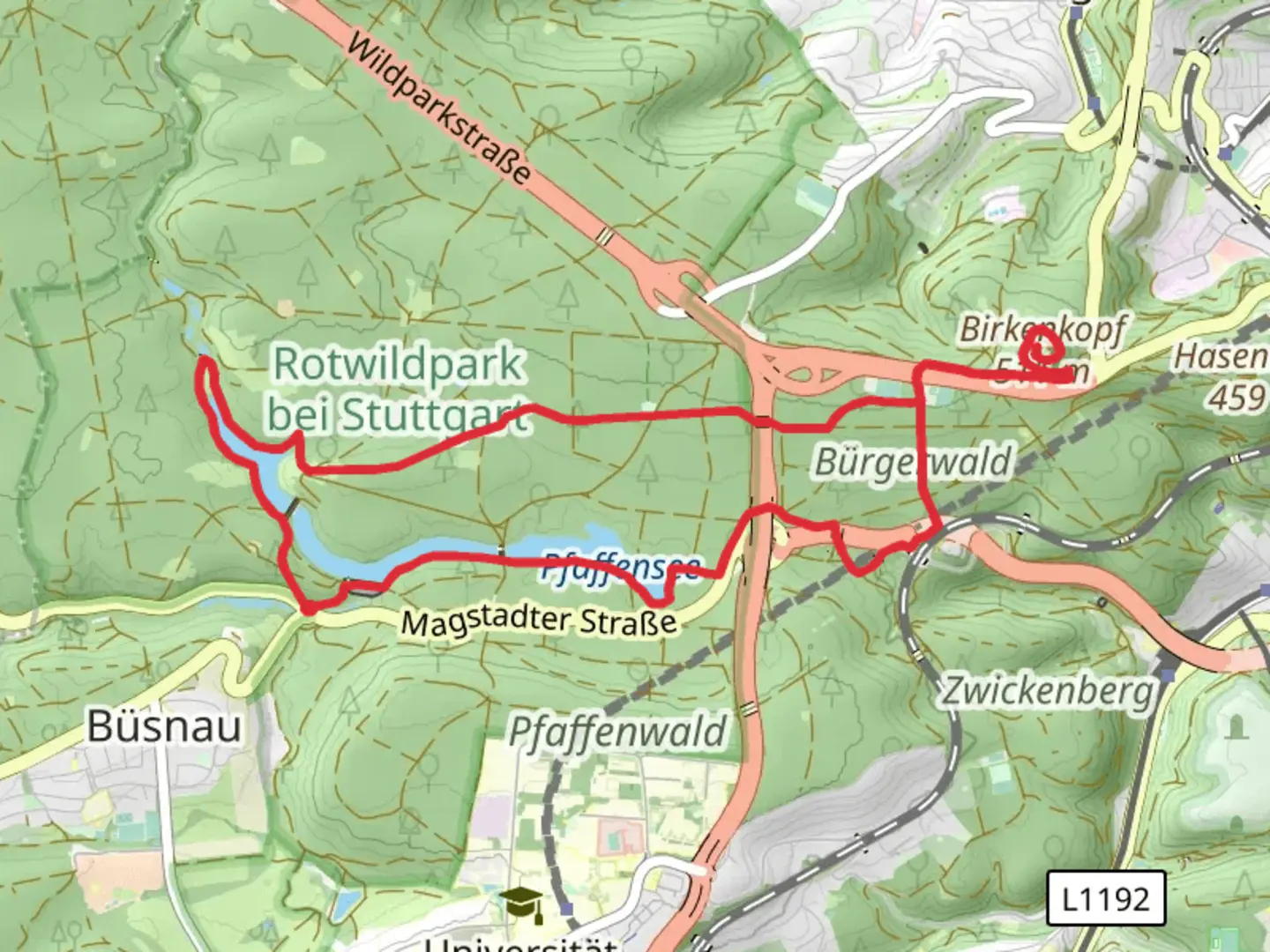An image depicting the trail Pfaffensee and Birkenkopf Loop and its surrounding area.
