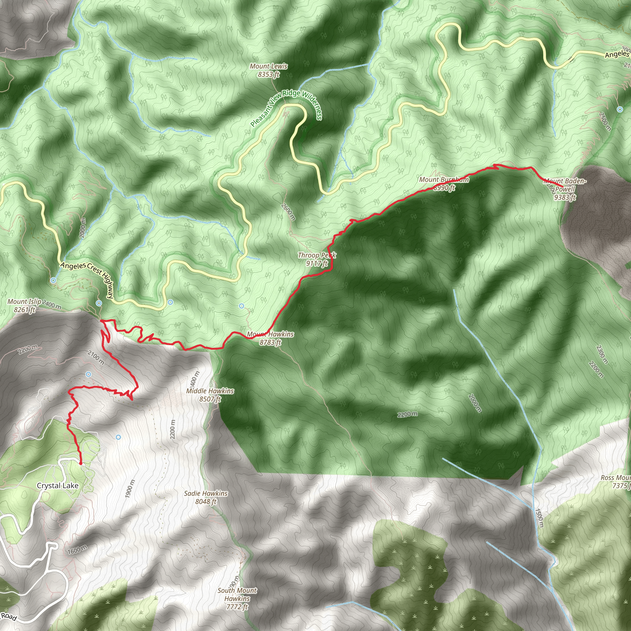 Mount Burnham and Mount Baden-Powell via Silver Moccasin Trail mobile static map