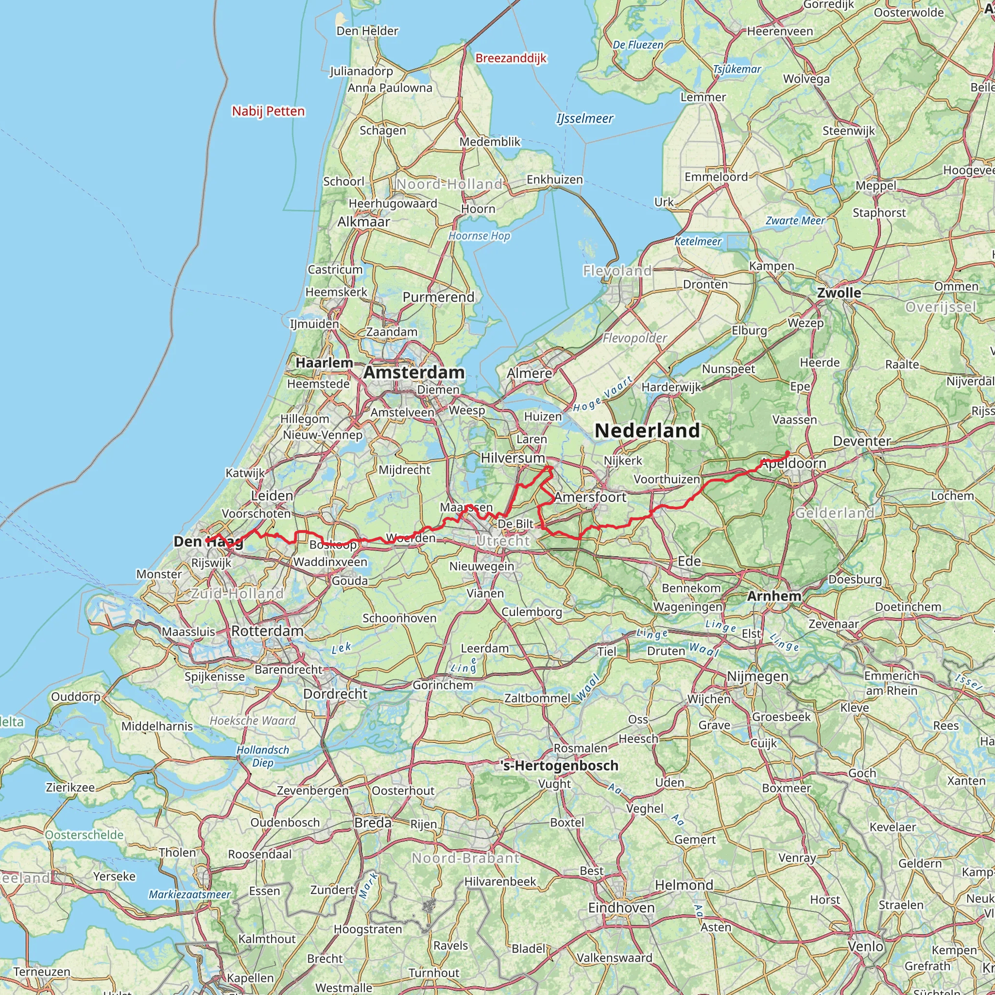 Apeldoorn to The Hague via Soerenseweg, Houtbeekweg, Biltseweg, Vuursche Pad and Duinwaterpad mobile static map