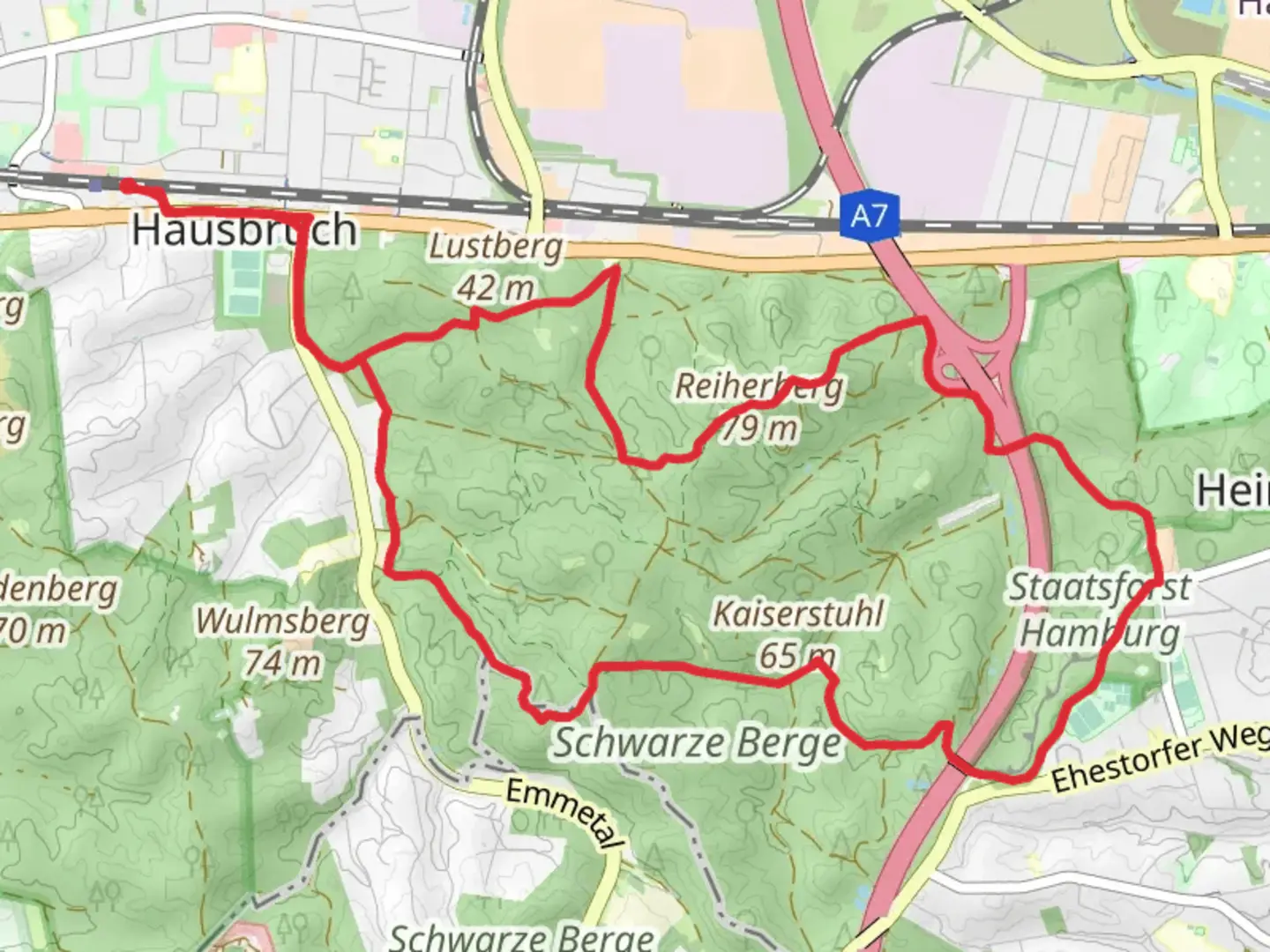 An image depicting the trail Reiherberg via Reiherbergstieg and Wanderweg 23 and its surrounding area.