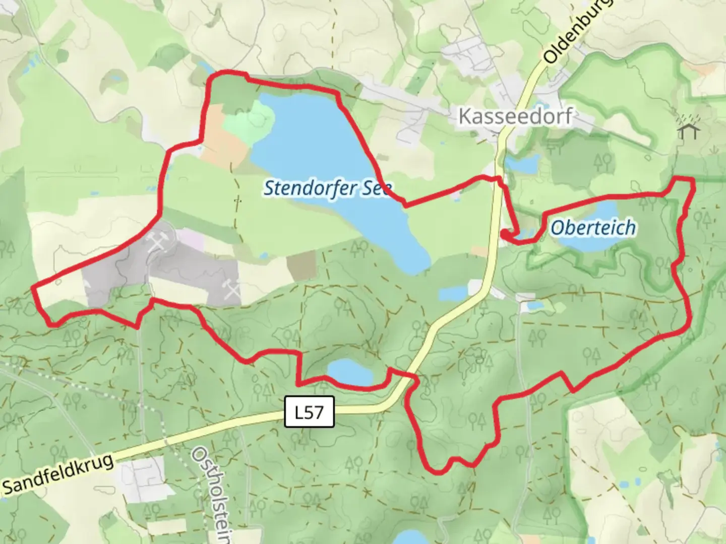 An image depicting the trail Stendorfer See and Oberteich via Kasseedorfer Seen and its surrounding area.