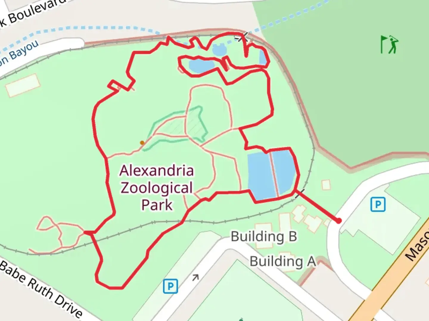 An image depicting the trail Alexandria Zoological Park Loop and its surrounding area.