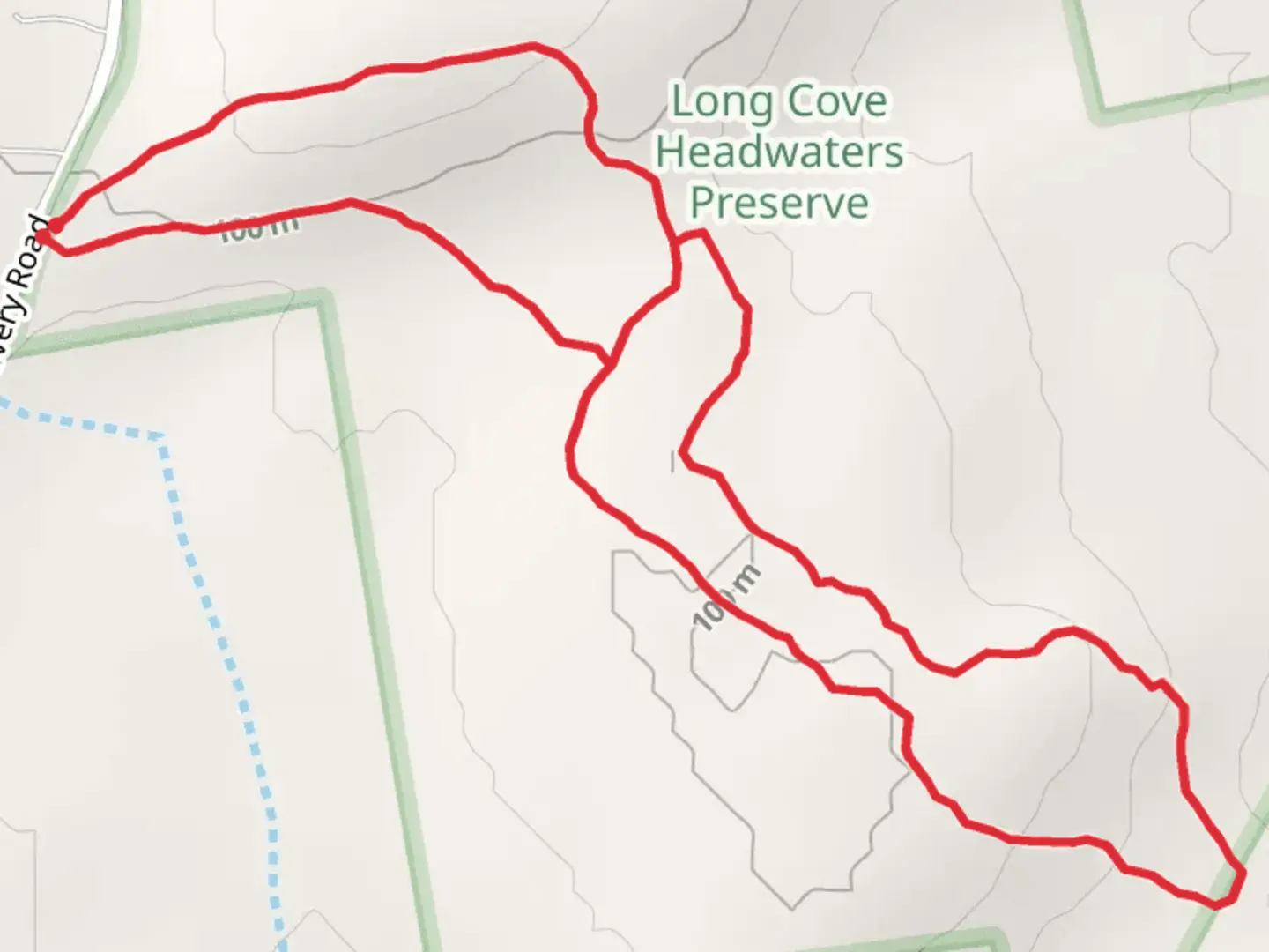 An image depicting the trail Long Cove Headwaters Preserve Loop and its surrounding area.