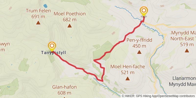 Berwyn Tops from Tan Y Pystyll stage 2 Map