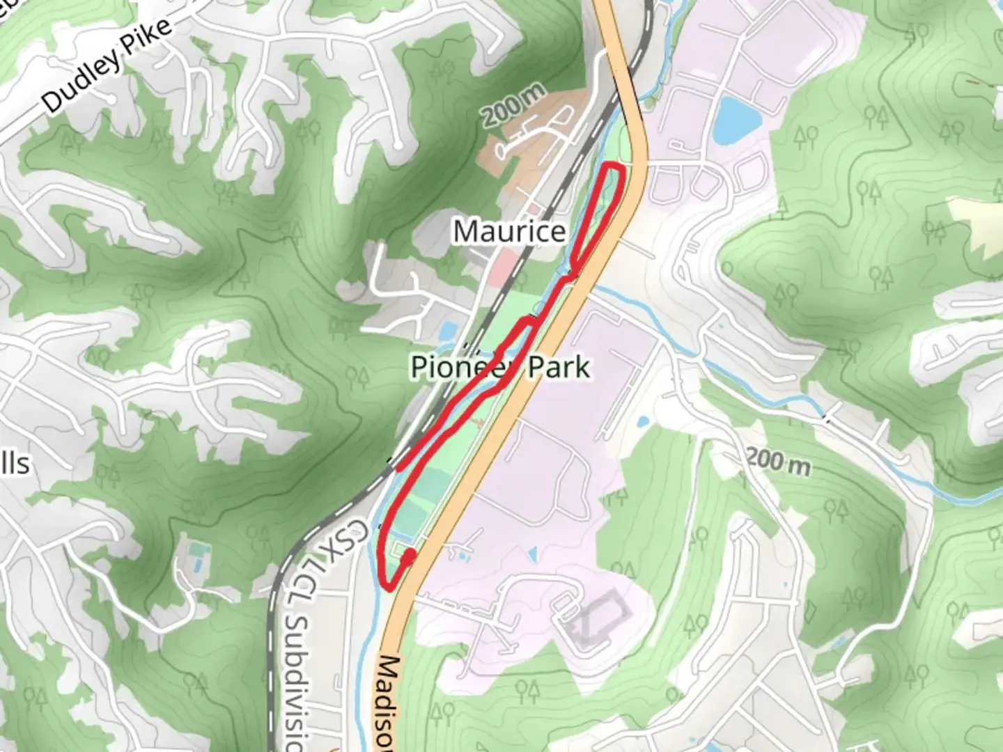 An image depicting the trail Pioneer Park and Banklick Creek Loop and its surrounding area.