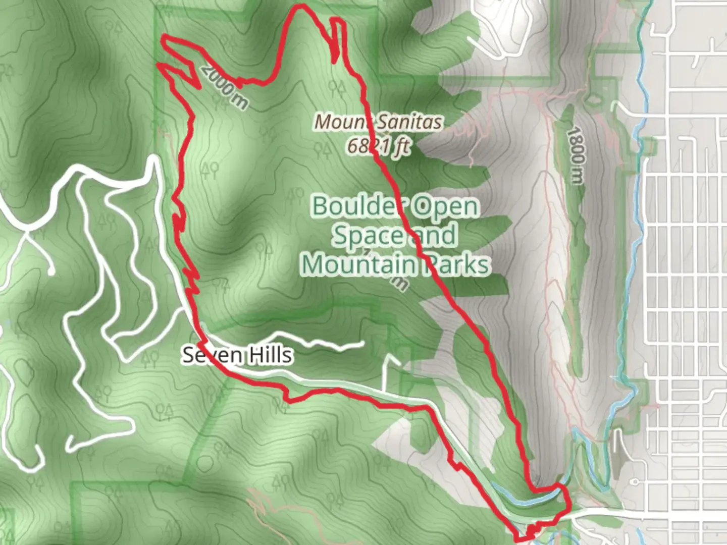 An image depicting the trail Sunshine Canyon - Lion's Lair - Mount Sanitas Loop Trail and its surrounding area.