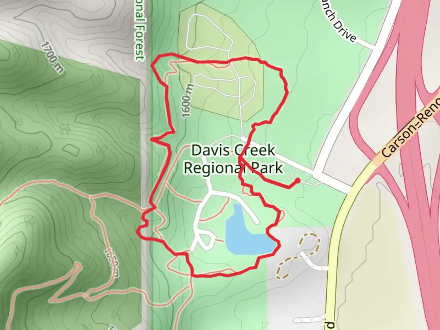 An image depicting the trail Davis Creek Washoe County Park Loop and its surrounding area.