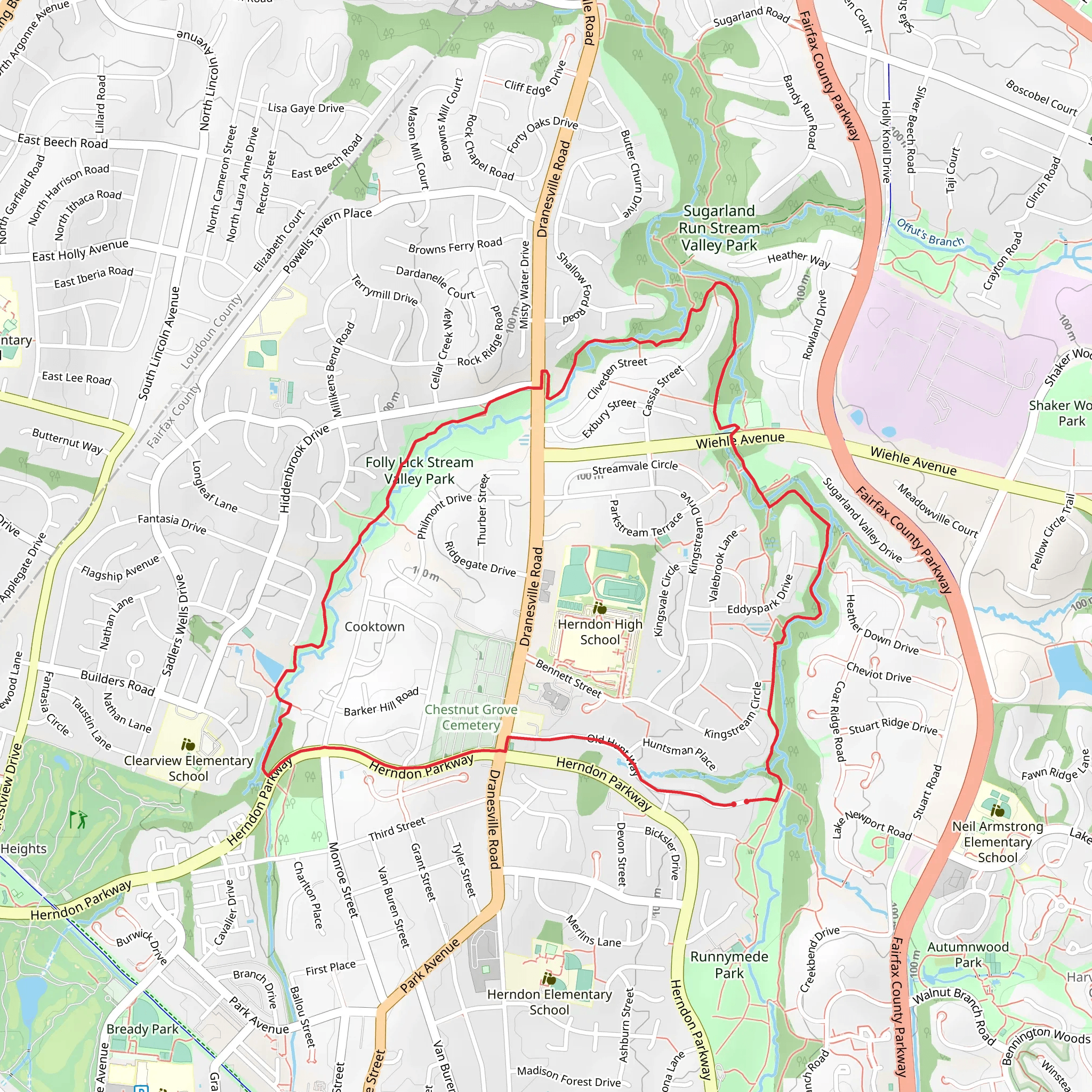 Sugarland run Stream Valley Trail and Folly Lick Stream Valley Park Loop mobile static map