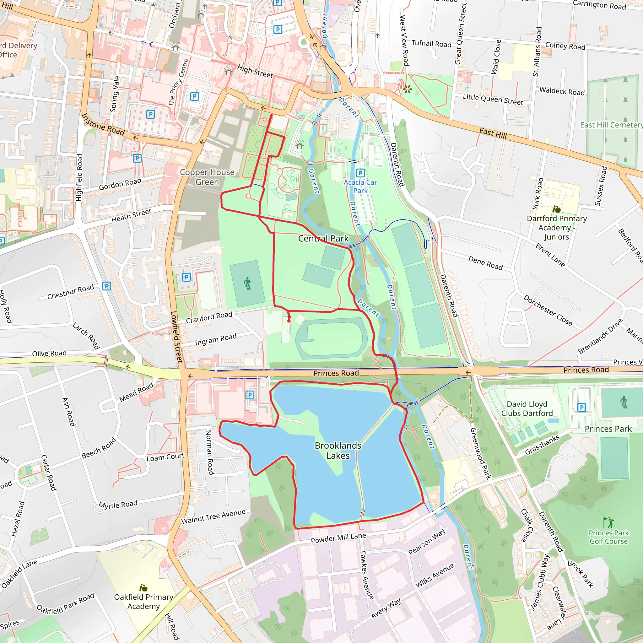 Brooklands Lakes and Central Park Loop mobile static map