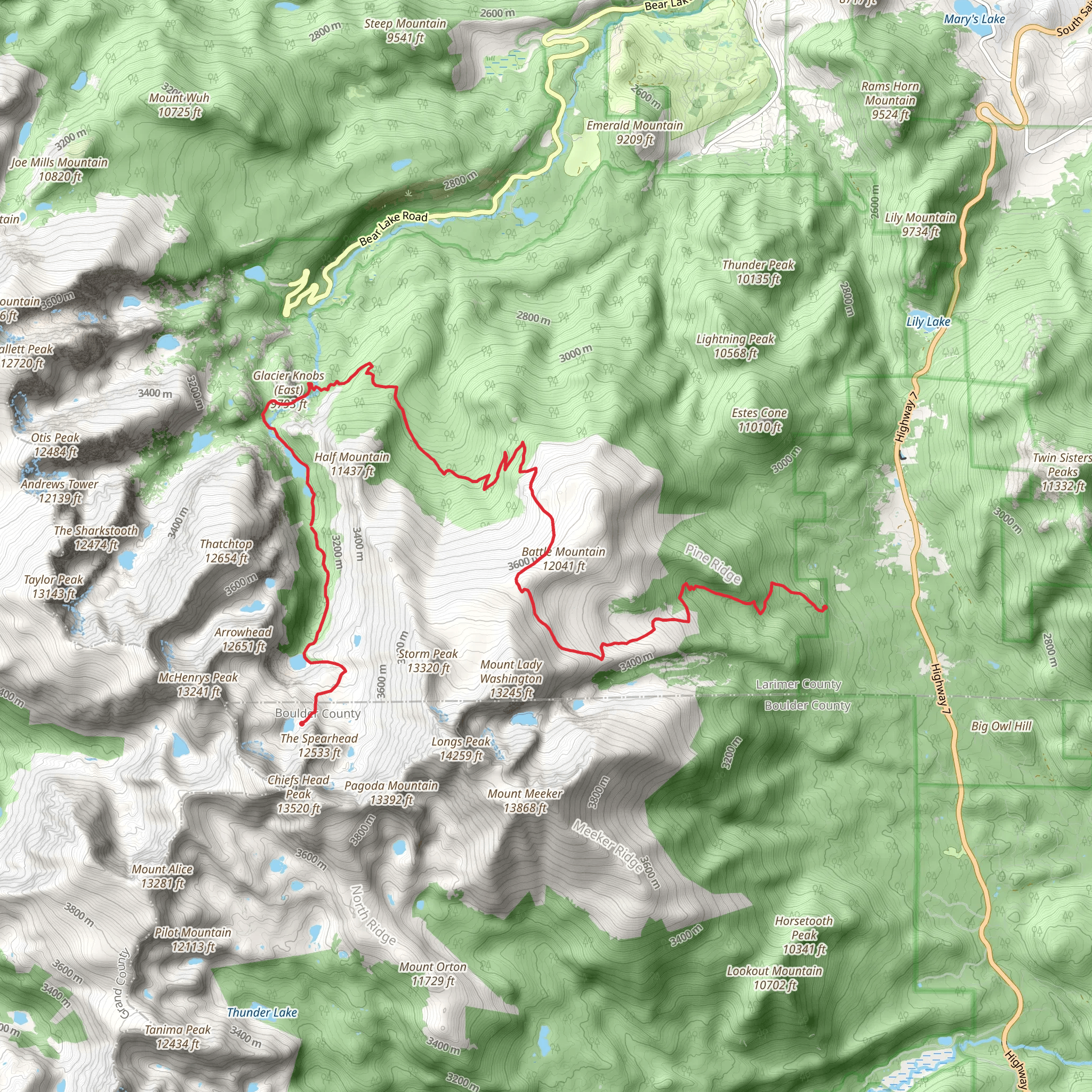 Longs Peak Trail to Glacier Gorge mobile static map