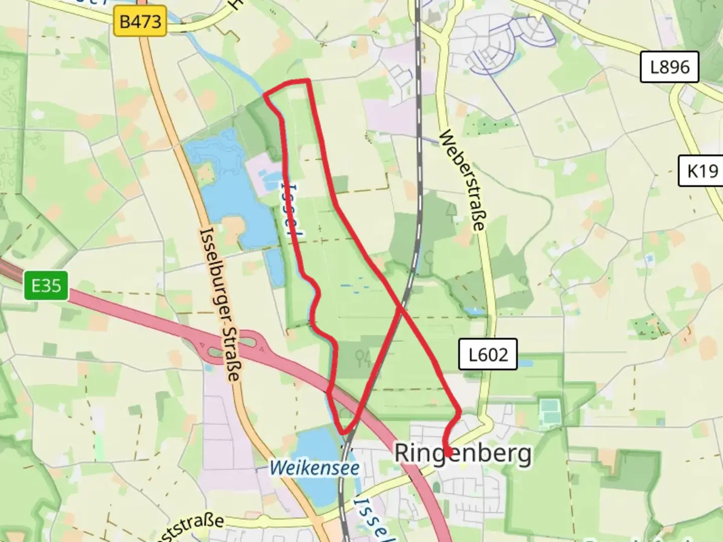 An image depicting the trail Issel via Ringenberg Rundweg and Bad Bentheim - Bislich and its surrounding area.