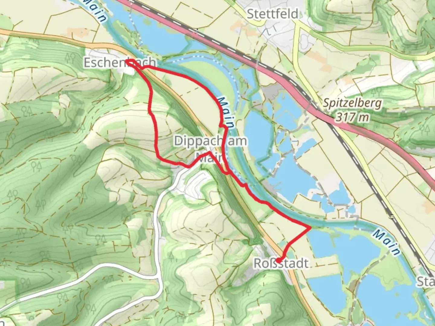 An image depicting the trail Main via Fluesse Wanderweg and its surrounding area.