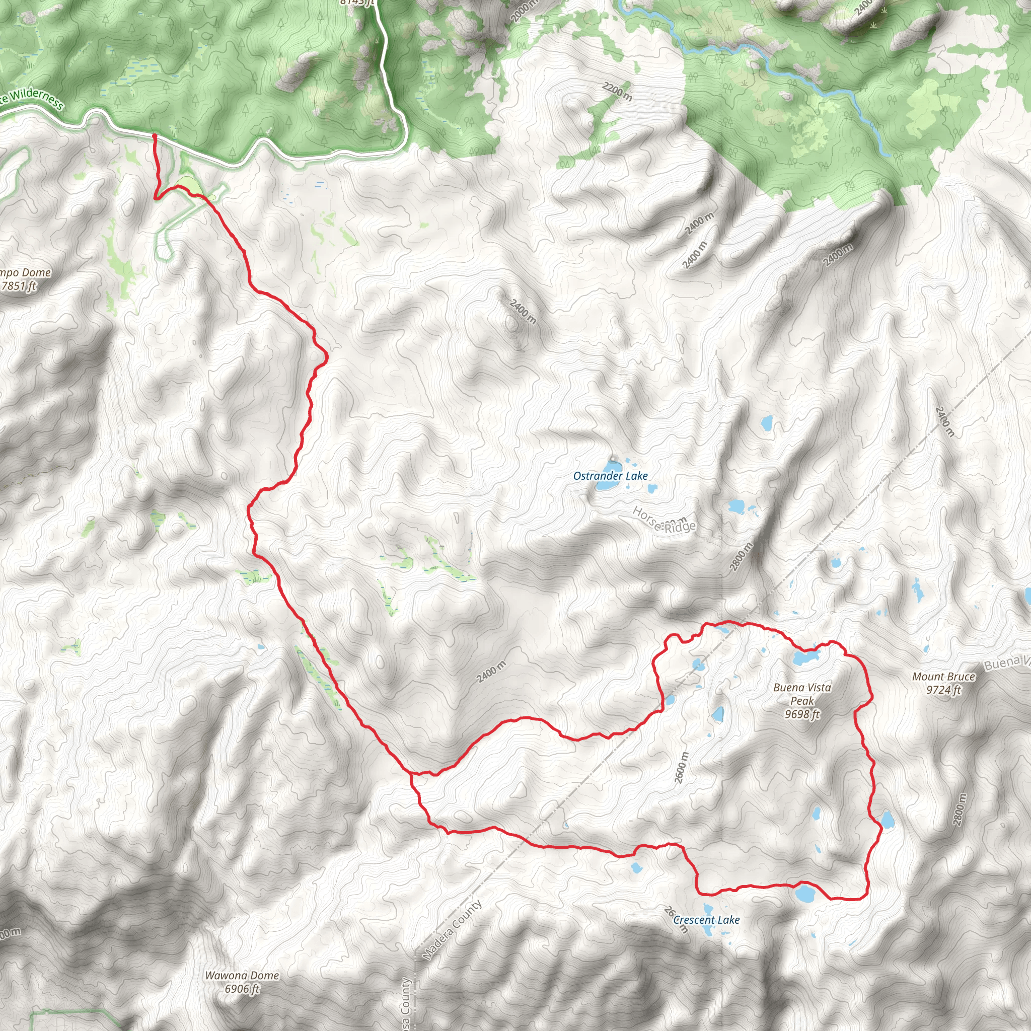Buena Vista Lake and Pass, Royal Arch Lake and Johnson Lake Loop from Glacier Point Road mobile static map