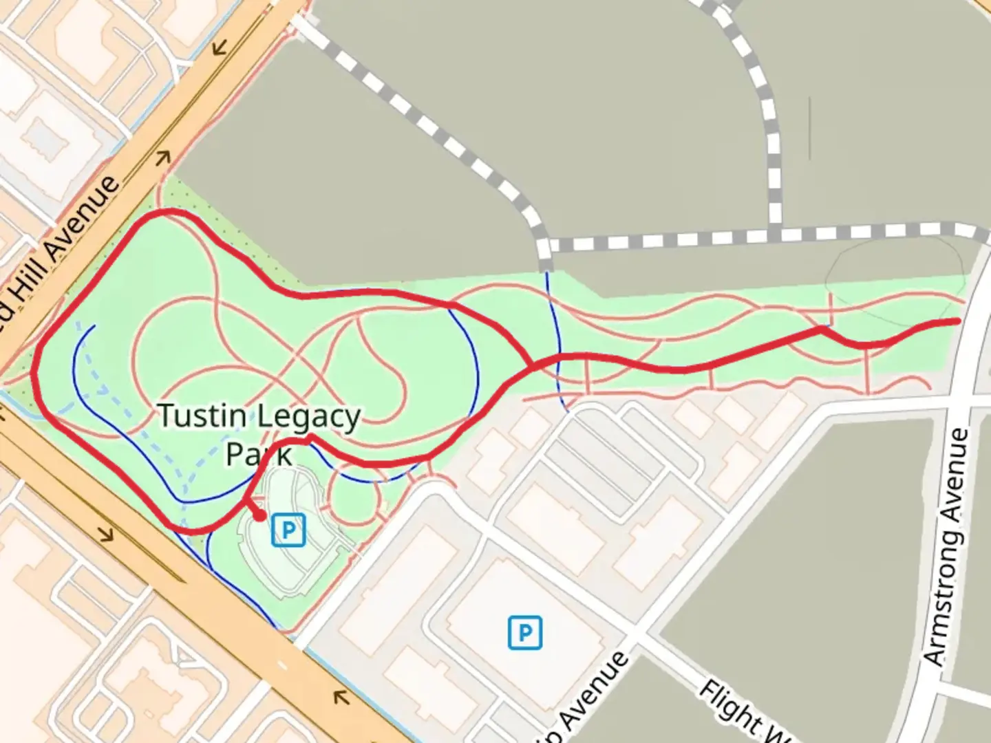 An image depicting the trail Tustin Legacy Park Loop and its surrounding area.