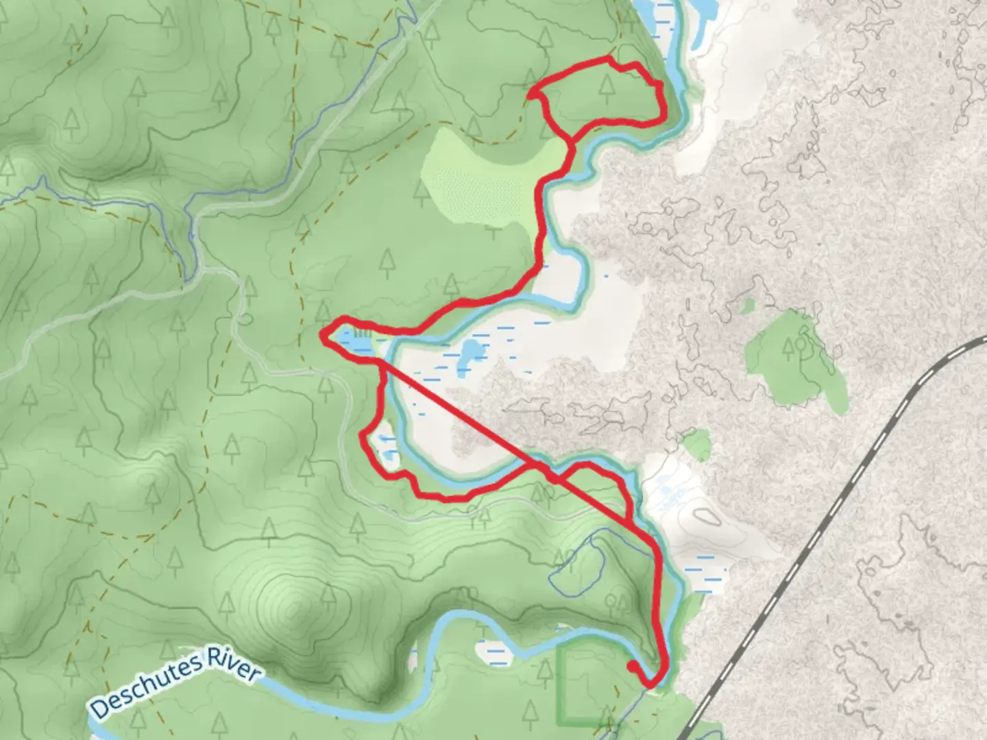 An image depicting the trail Deschutes River Out and Back and its surrounding area.
