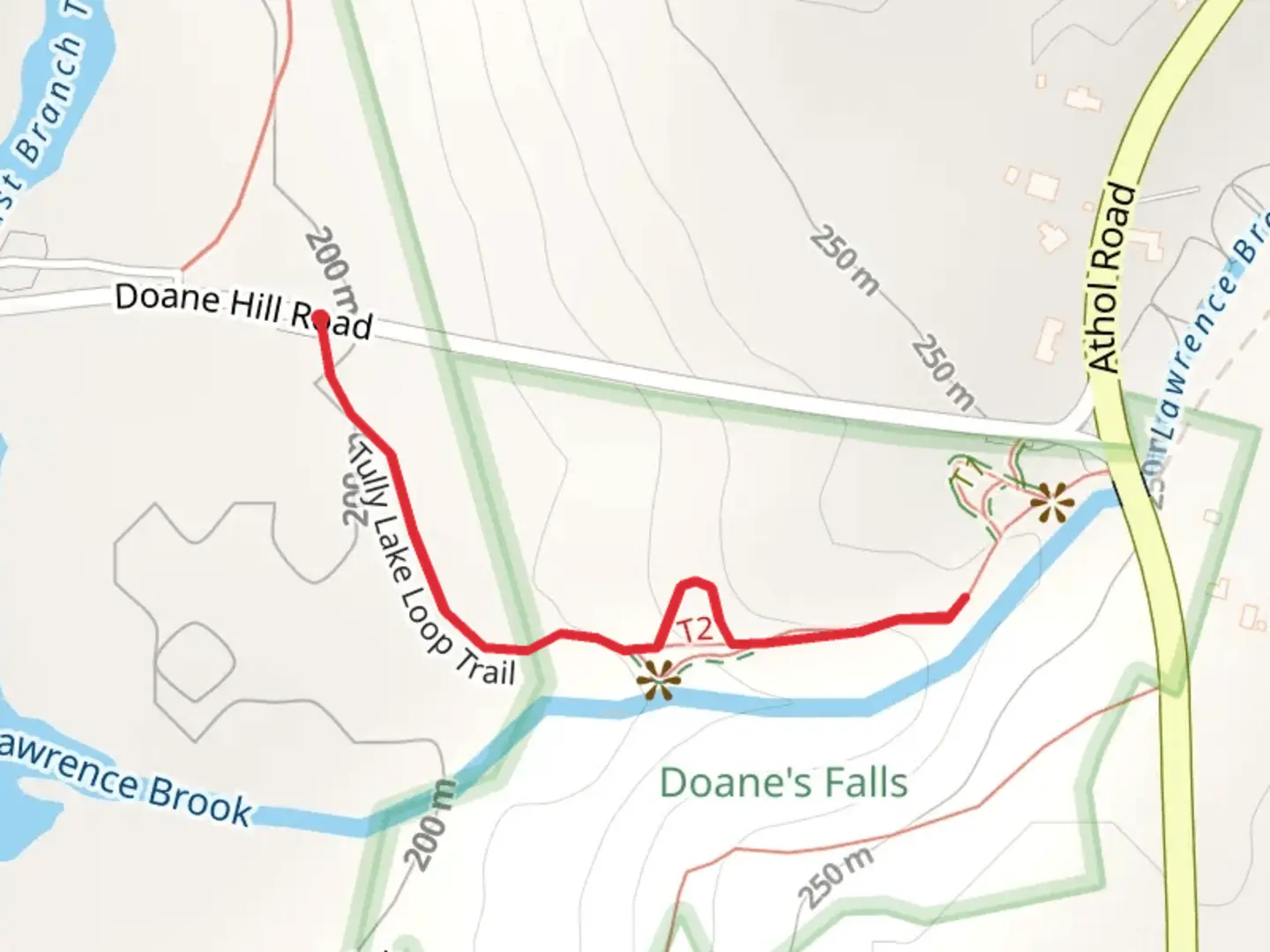 An image depicting the trail Lawrence Brook Trail from Doane Hill Road and its surrounding area.