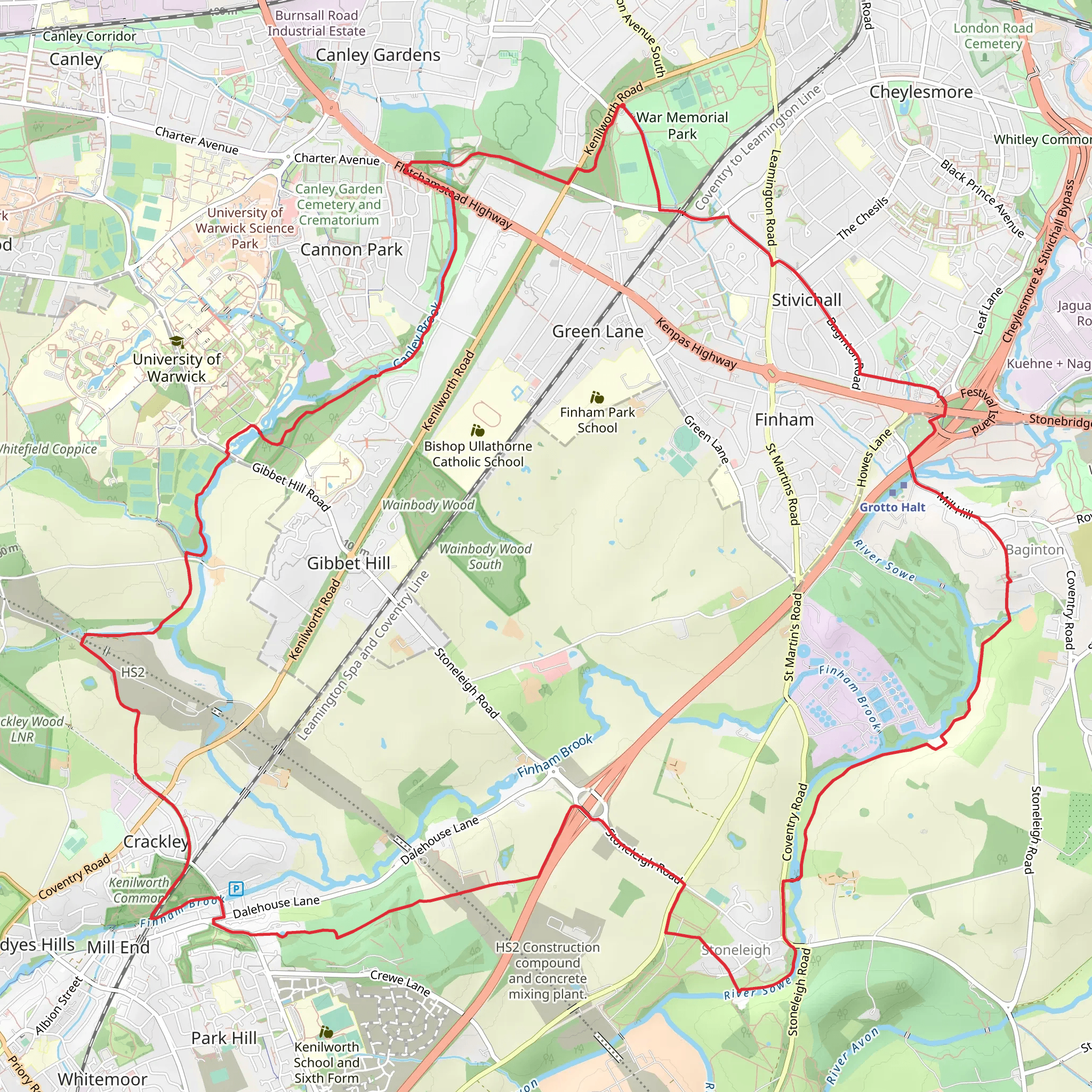 Coventry to Stoneleigh Loop via University of Warwick mobile static map