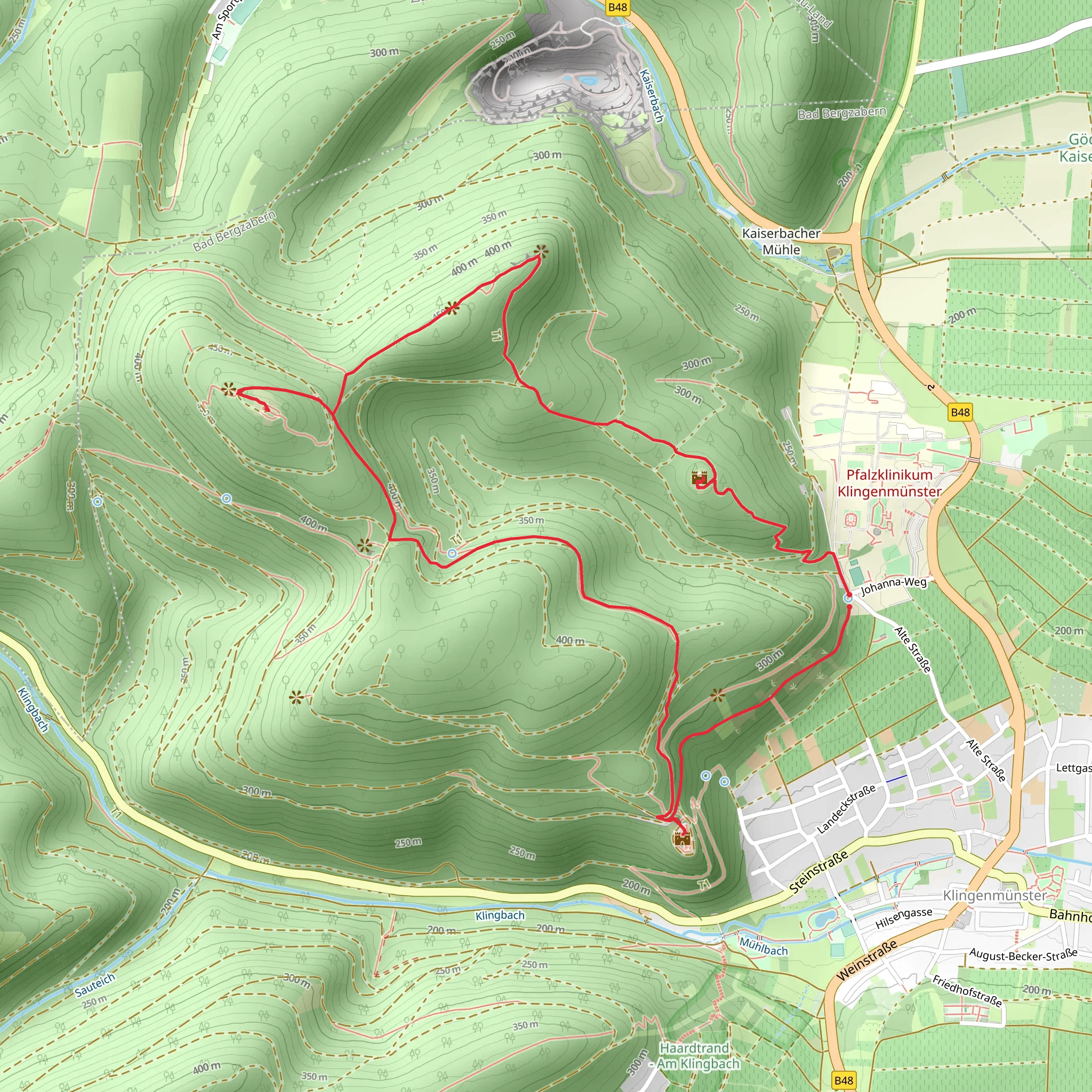 Bergfried, Treutelskopf and Burg Landeck via Quellenweg Klingenmuenster and Burgenweg mobile static map