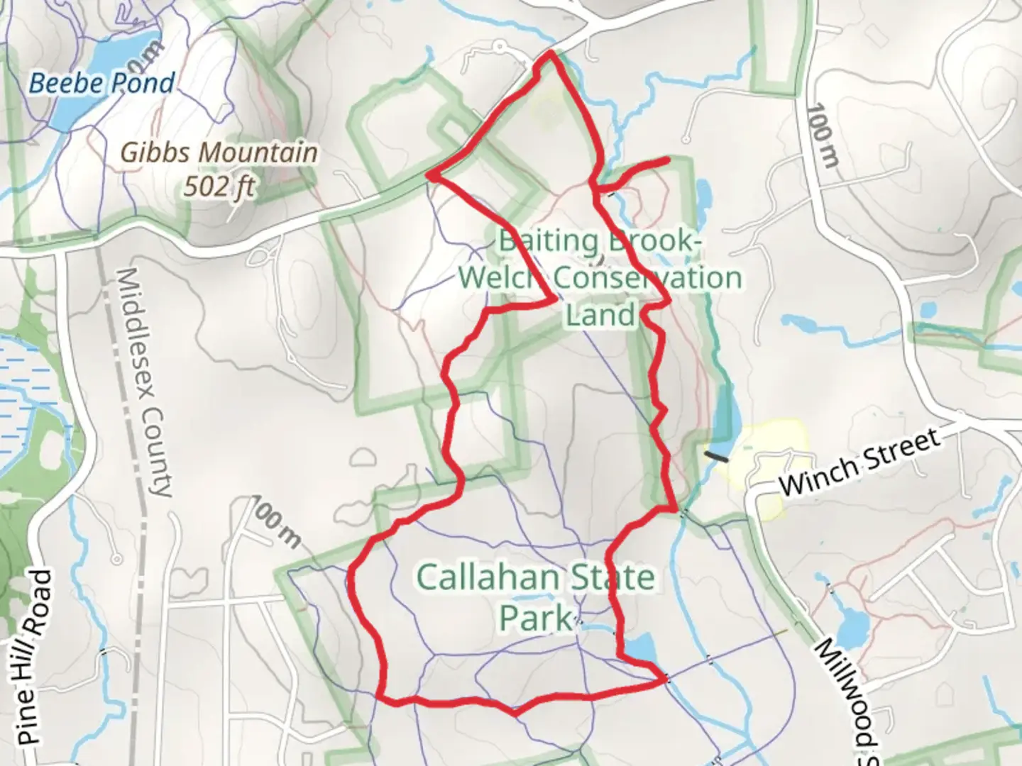 An image depicting the trail Eagle Pond and Packard Pond Loop and its surrounding area.