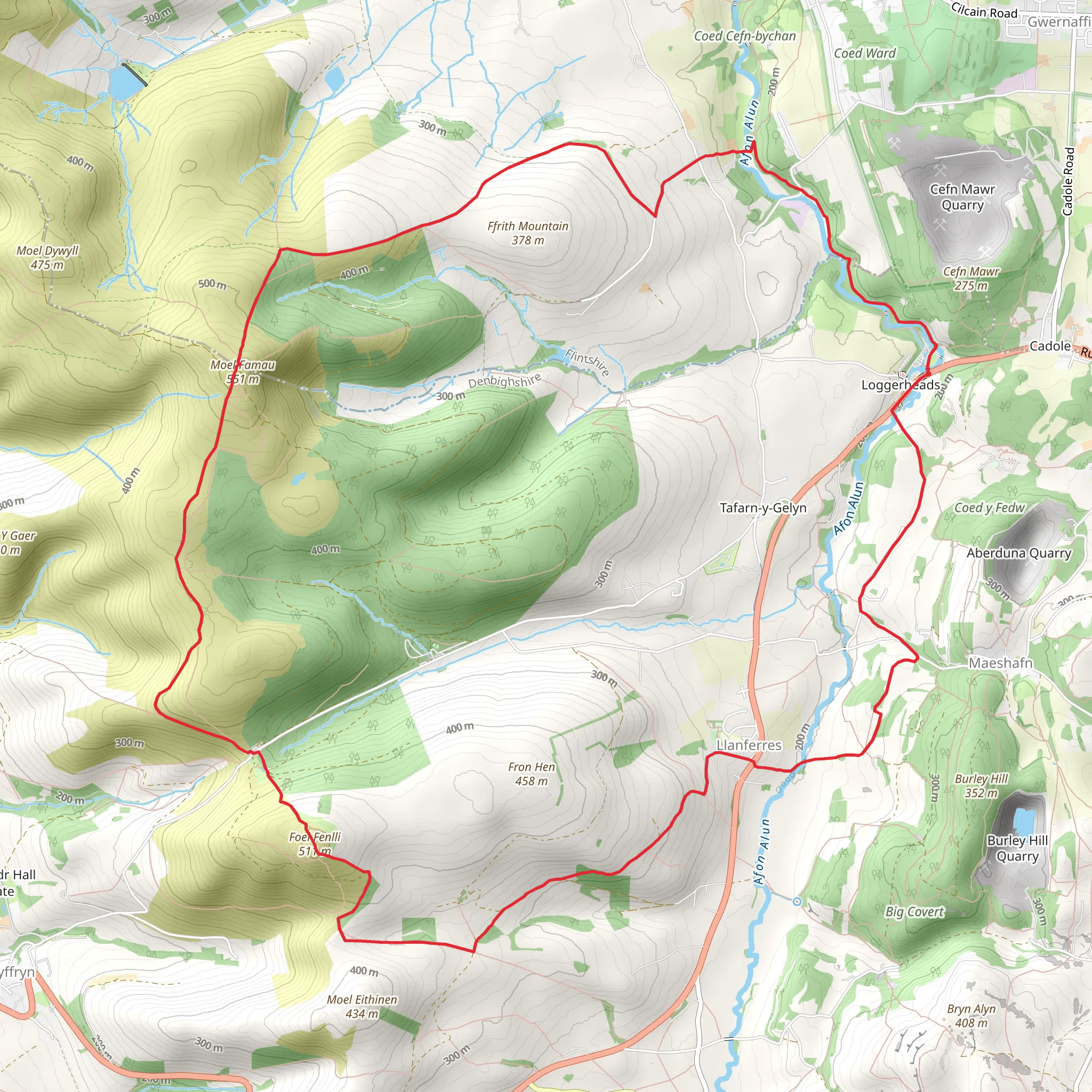 Foel Fenli and Moel Famau from Loggerheads mobile static map