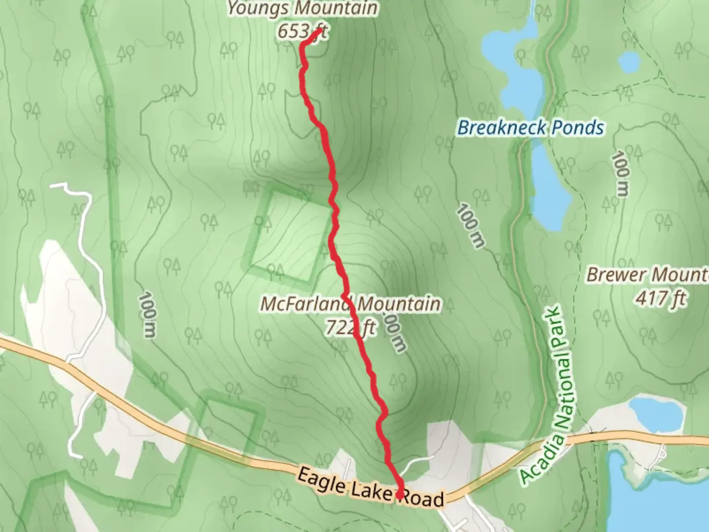An image depicting the trail McFarland and Youngs Mountain from Eagle Lake Road and its surrounding area.