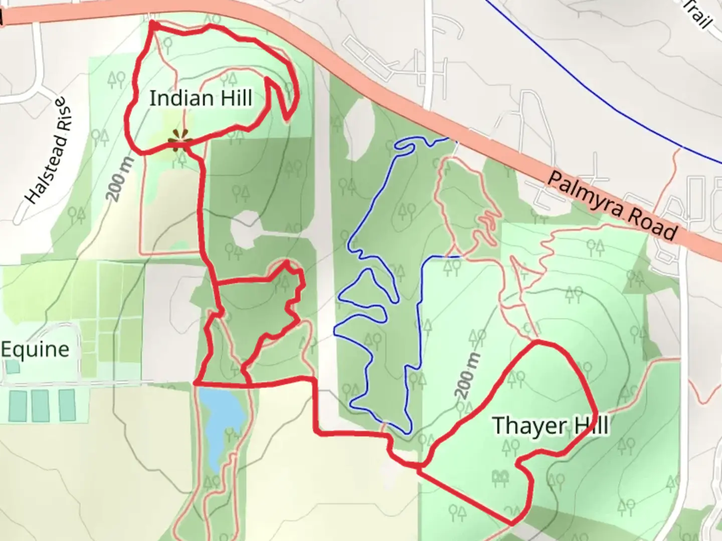 An image depicting the trail Thayer Hill Loop from Palmyra Road and its surrounding area.