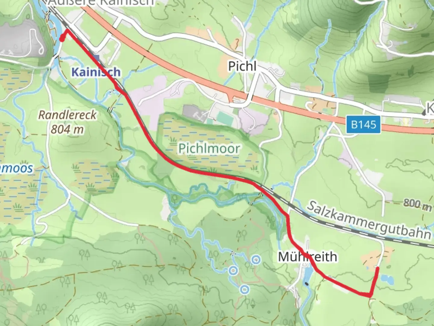 An image depicting the trail Kainisch to Jausenstation Stieger and its surrounding area.