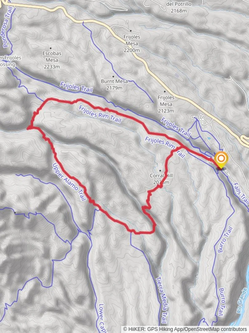 An image depicting the trail Middle and Upper Alamo and Frijoles Rim Loop Trail and its surrounding area.