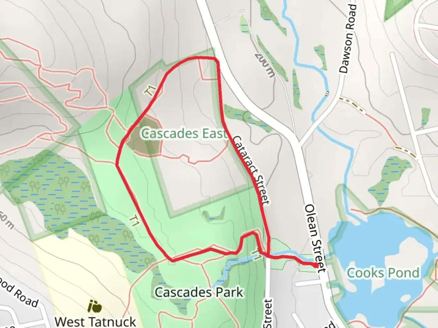 An image depicting the trail Cataract Street and Cascades Trail Loop and its surrounding area.