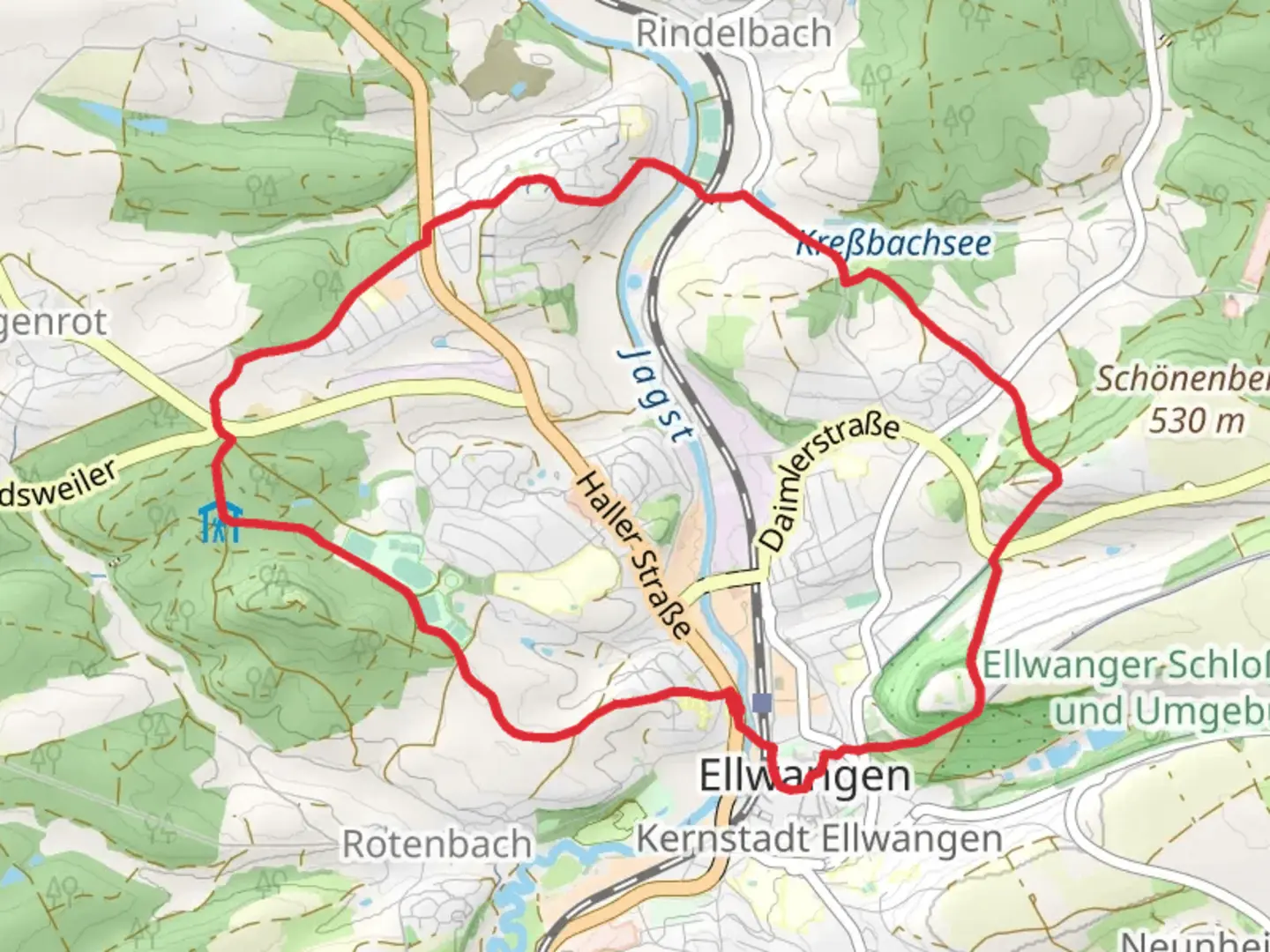 An image depicting the trail Kressbachsenn via Jagststeig and its surrounding area.