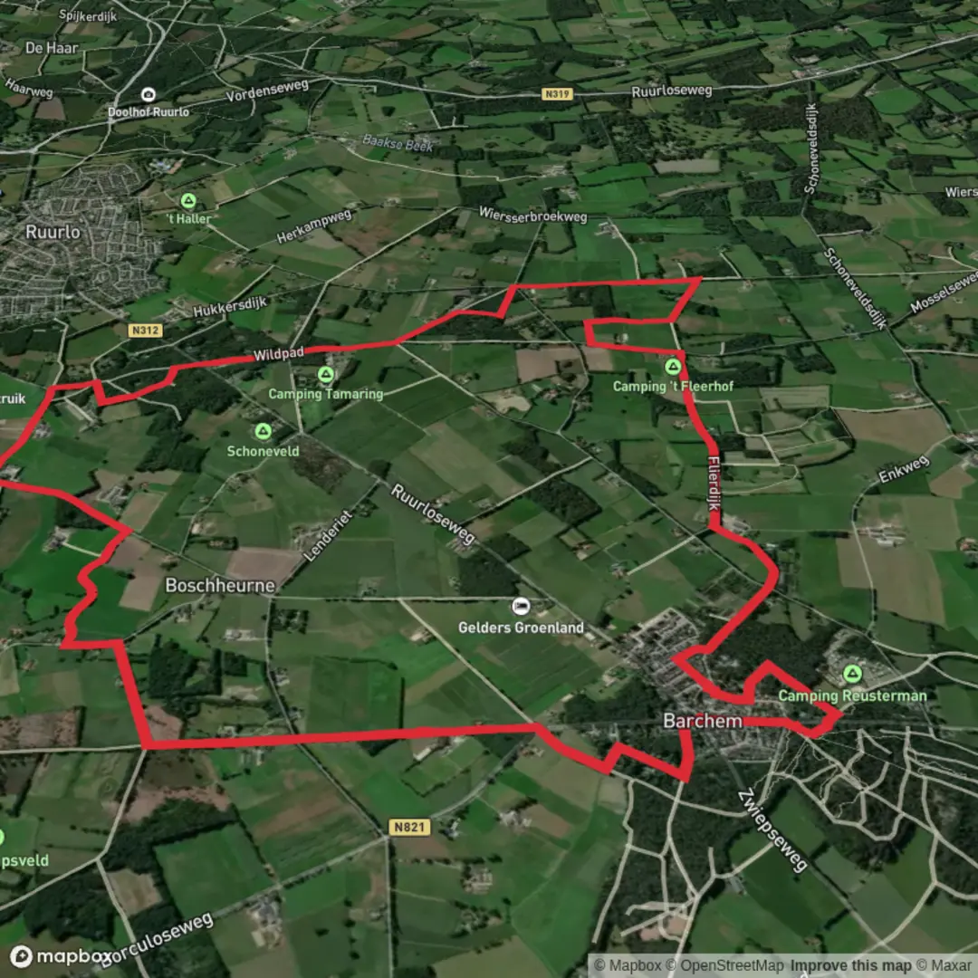 An image depicting the trail Doolhof Museum More and Rondje Barchem Loop and its surrounding area.