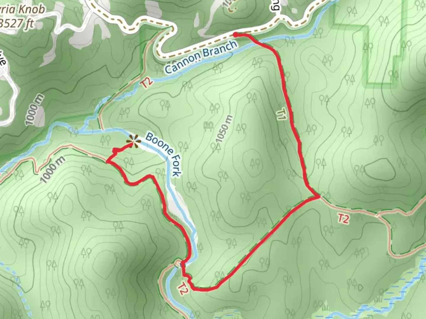 An image depicting the trail Boone Fork via Old Johns River Road and its surrounding area.
