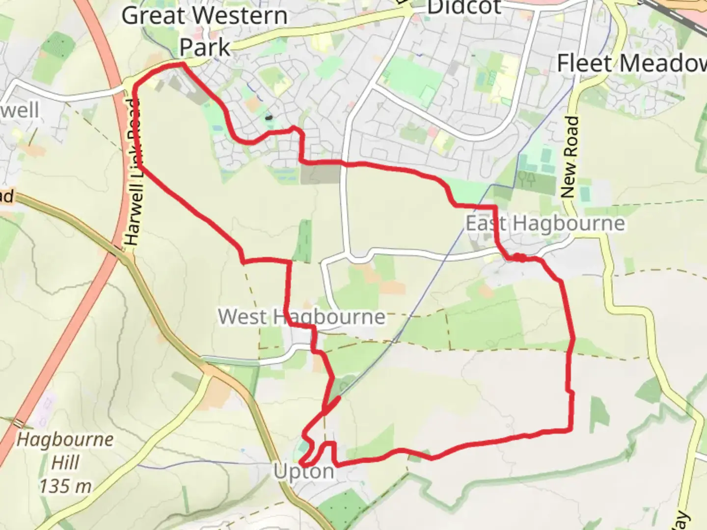 An image depicting the trail Upton and East Hagbourne Loop and its surrounding area.