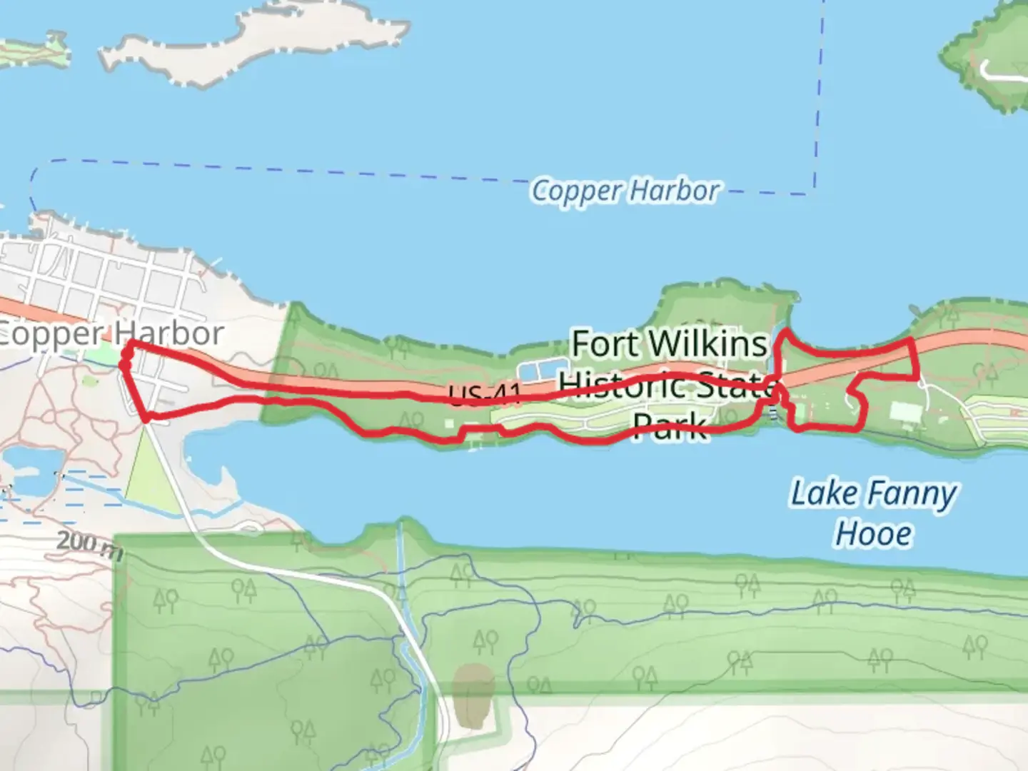 An image depicting the trail Lake Fanny Hooe Trail and Fort Wilkins Pathway Loop and its surrounding area.
