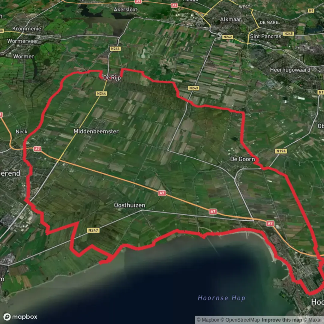 An image depicting the trail Hoornse Hop and Eilandspolder via Flevostraat, Eendentaantje and De Leet and its surrounding area.