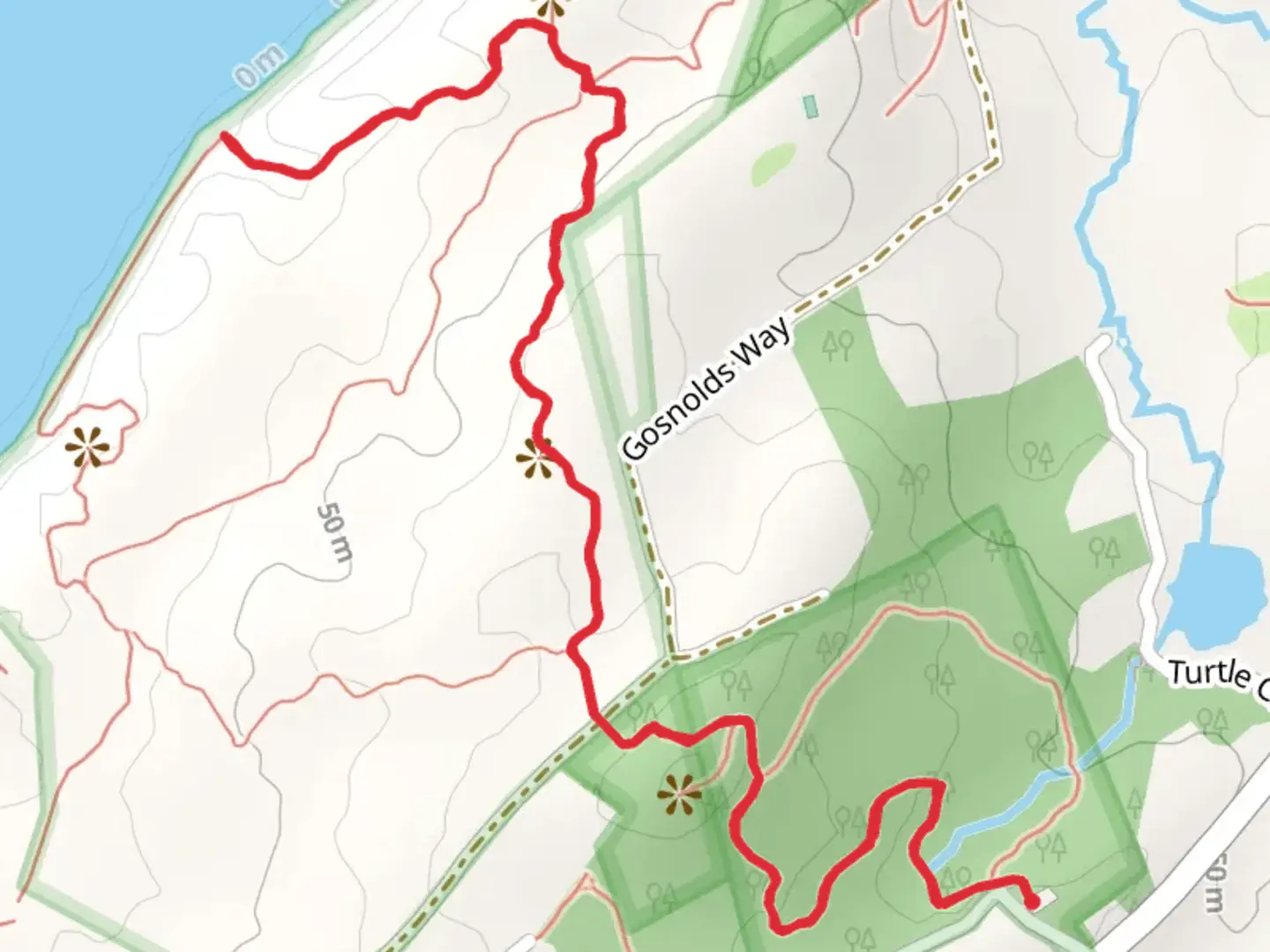 An image depicting the trail Menemsha Hills Reservation Trail via Trustees Lane and its surrounding area.