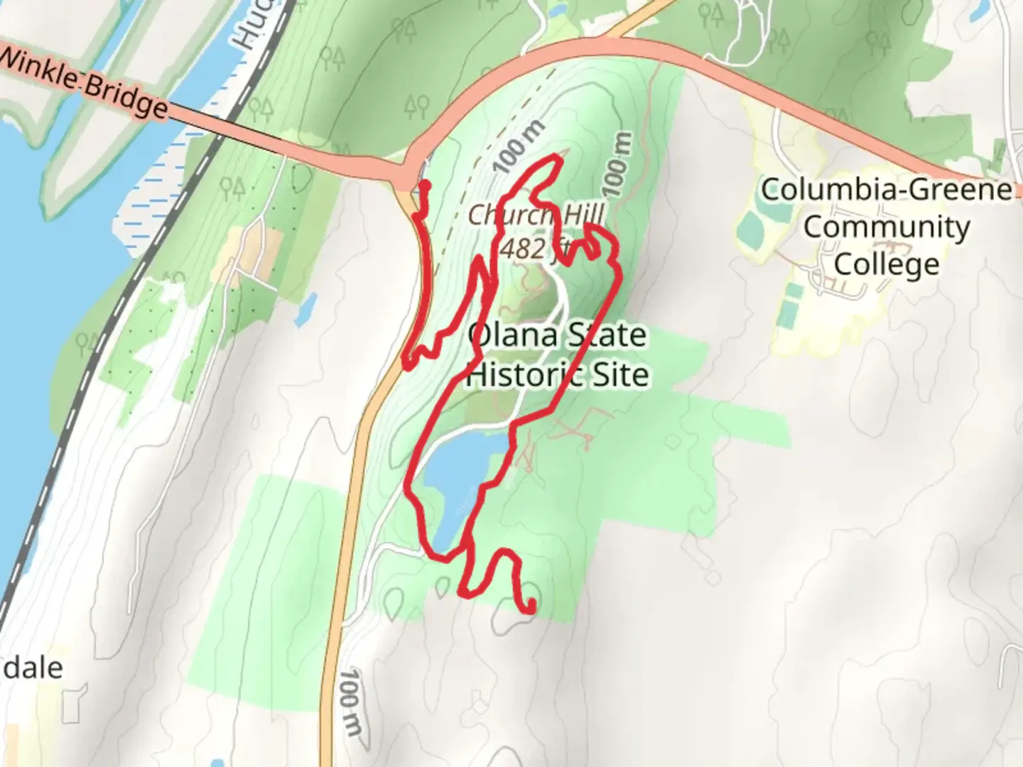 An image depicting the trail Church Hill from Rhinebeck-Hudson Road and its surrounding area.