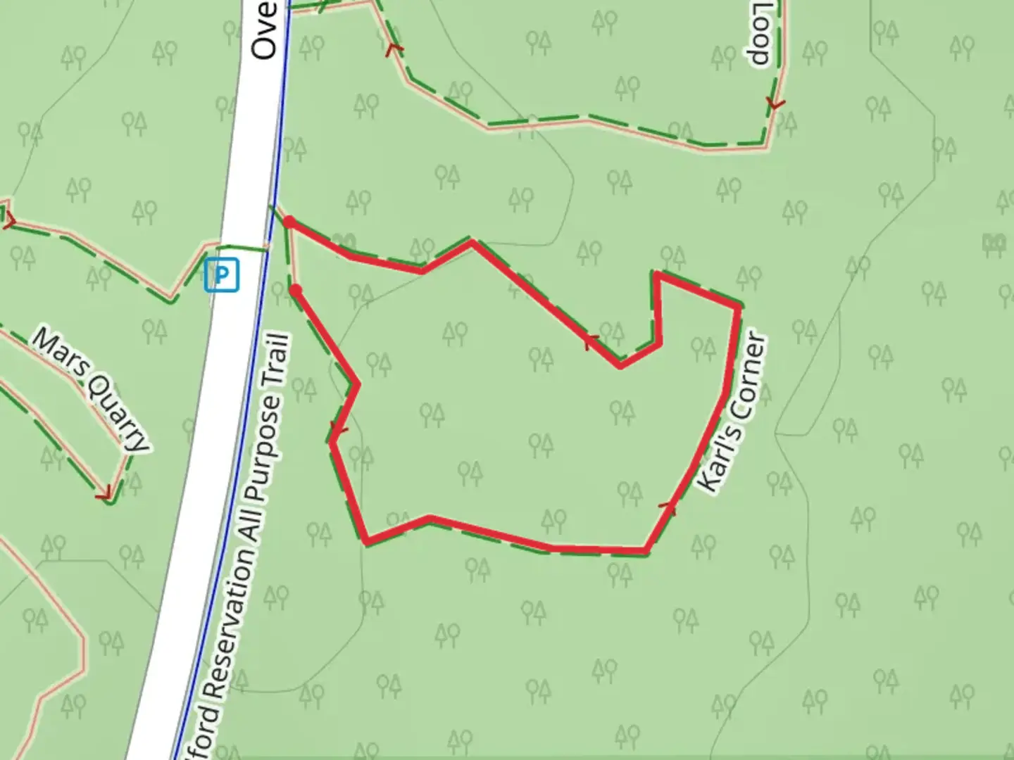 An image depicting the trail Karl's Corner Loop and its surrounding area.