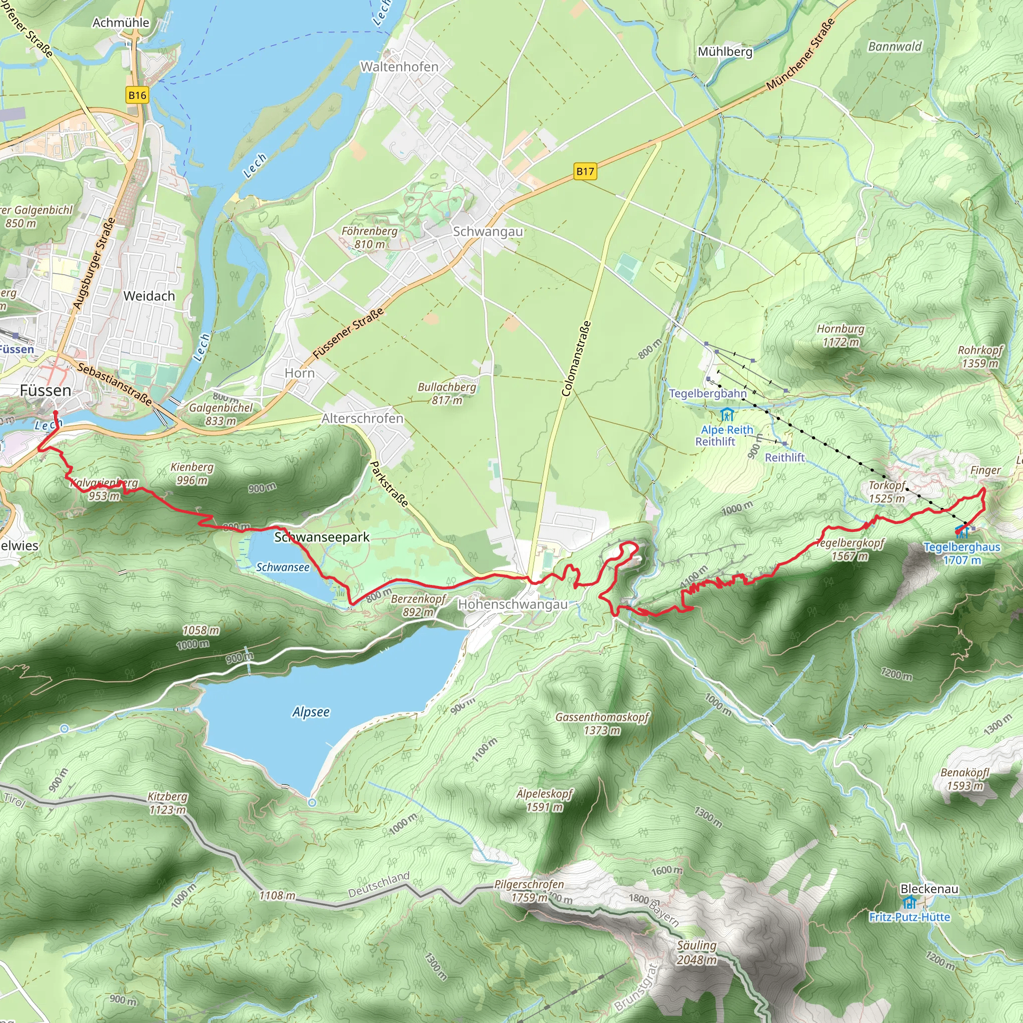 Füssen to Tegelberg via Wasserlaeufer Route and Schwansee mobile static map