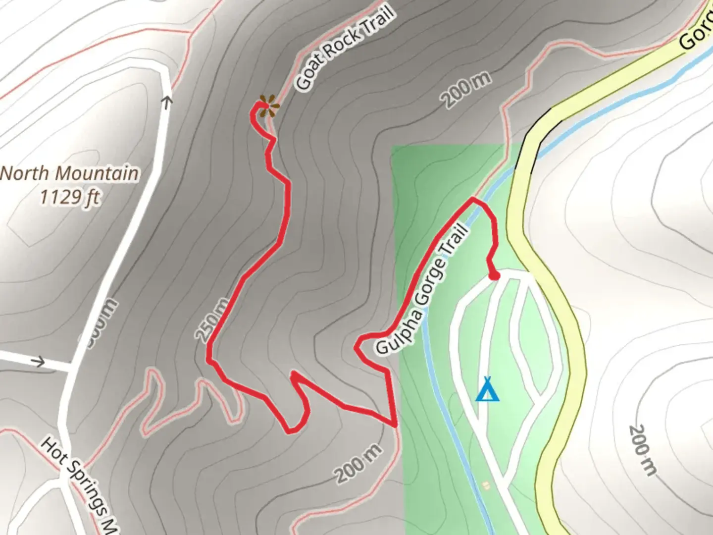 An image depicting the trail Gulpha Gorge Trail and Goat Rock Trail and its surrounding area.