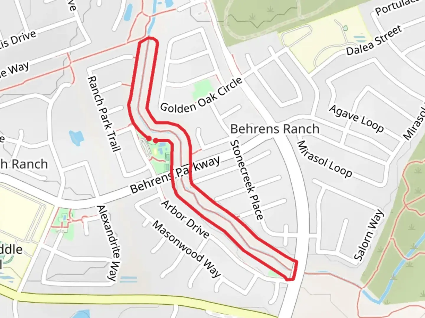 An image depicting the trail Loop around Behrens Ranch Residents Center and its surrounding area.
