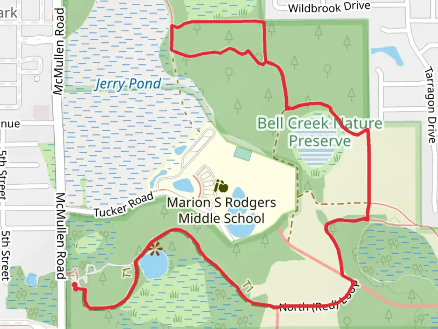 An image depicting the trail North - Red Loop and its surrounding area.