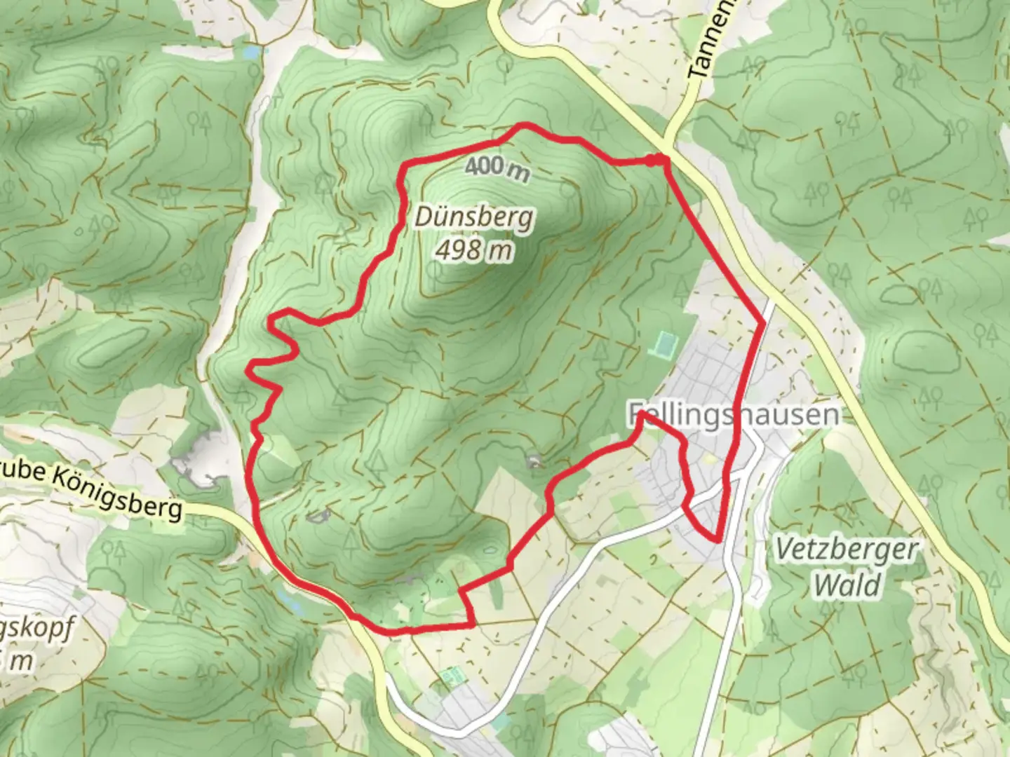 An image depicting the trail Dünsberg, Forsthaus am Dunsberg and Fellingshausen Loop and its surrounding area.